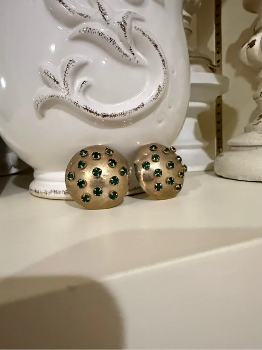 Vintage Gold and Emerald Clip on Dome Earrings
